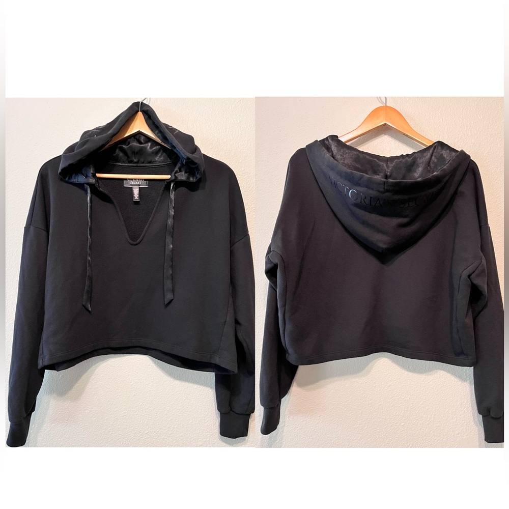 Victoria Secret Oversized Cropped Black Fleece Silky&Logo Hoodie Sweatshirt XS